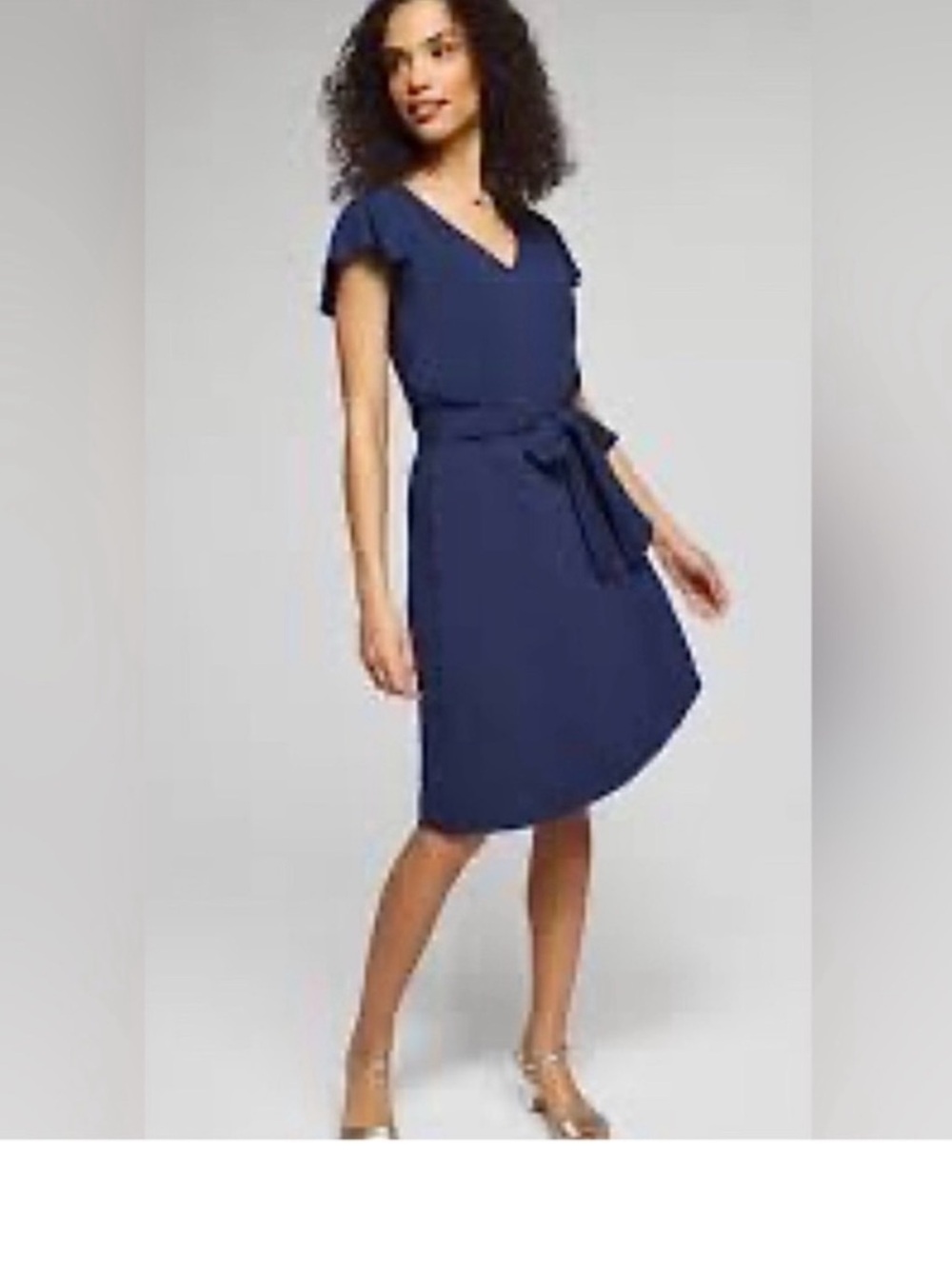 White House Black Market Navy V-Neck Midi Dress with Waist Tie